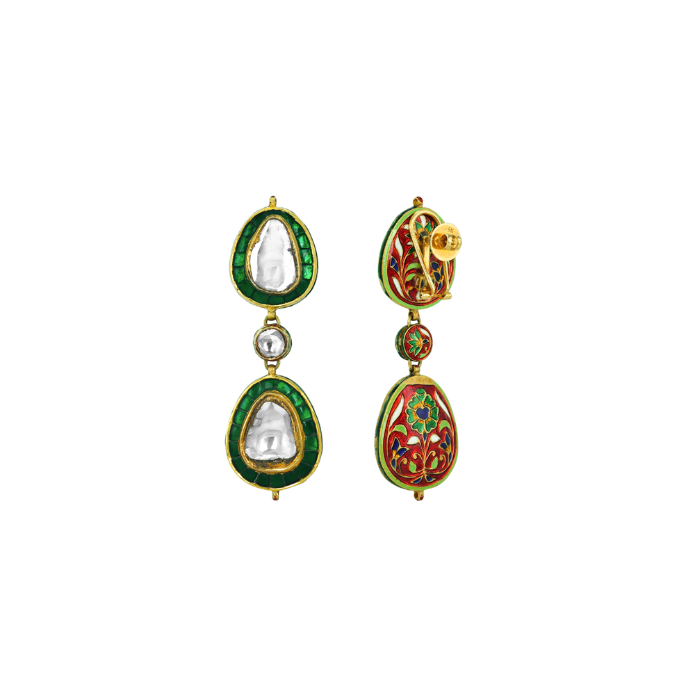 Double-Drop Polki Earrings with Green Chuddi Work
